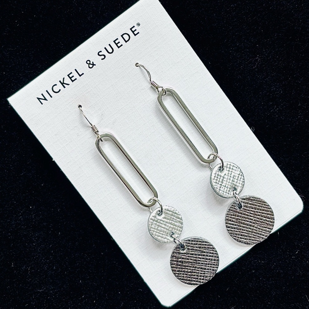 Nickel & Suede Stevies Leather Earrings | Silver Drop Statement Style | NWT